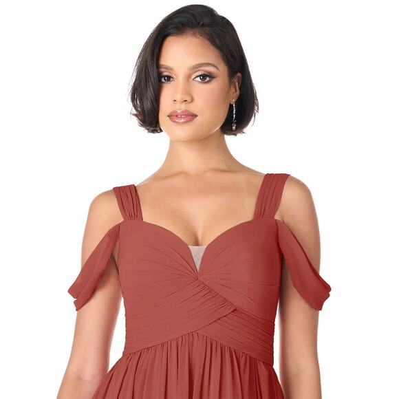 Azazie Lianne Terracotta size A6 A-Line Off the Shoulder Chiffon Dress - Picture 6 of 9